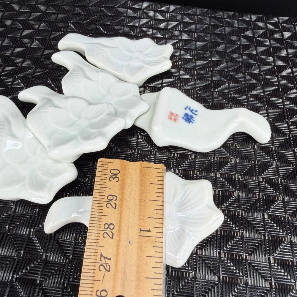 Vintage White Porcelain Floral Chopstick Rests Set of 6 Embossed Flower Leaf VTG